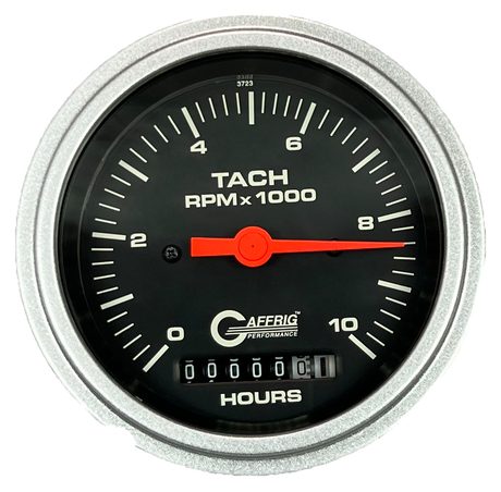 GAFFRIG 3 3/8 INCH ELECTRIC TACH/HOUR METER 0-10000 RPM GAUGE STEP RIM (008) / PLATINUM / BLACK