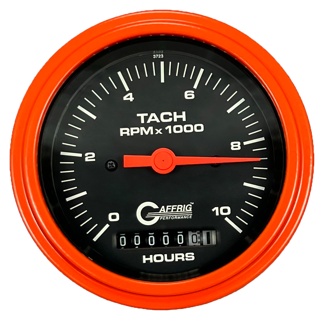 GAFFRIG 3 3/8 INCH ELECTRIC TACH/HOUR METER 0-10000 RPM GAUGE STEP RIM (008) / ORANGE / BLACK