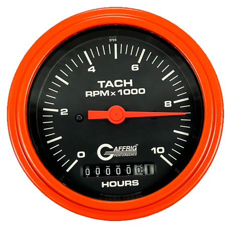 GAFFRIG 3 3/8 INCH ELECTRIC TACH/HOUR METER 0-10000 RPM GAUGE STEP RIM (008) / ORANGE / BLACK