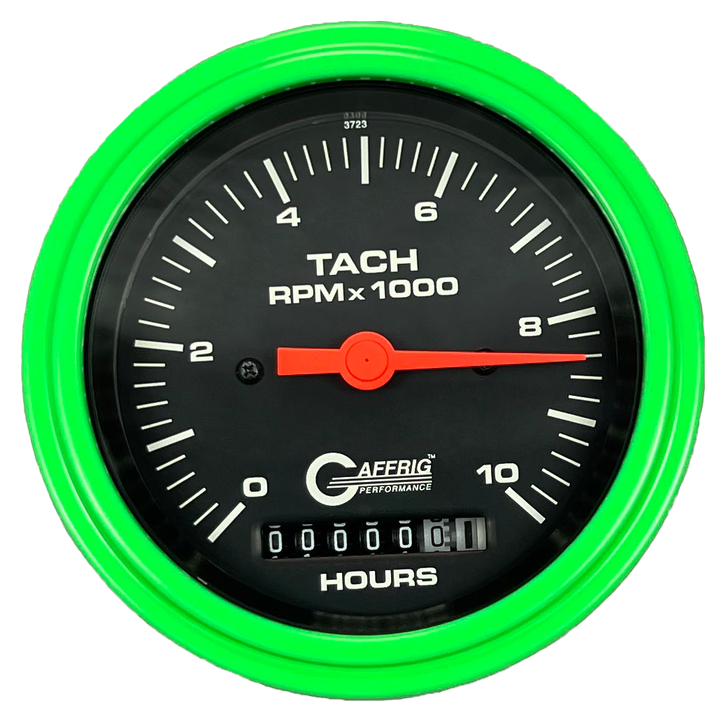 GAFFRIG 3 3/8 INCH ELECTRIC TACH/HOUR METER 0-10000 RPM GAUGE STEP RIM (008) / LIME GREEN / BLACK