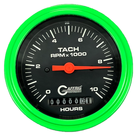 GAFFRIG 3 3/8 INCH ELECTRIC TACH/HOUR METER 0-10000 RPM GAUGE STEP RIM (008) / LIME GREEN / BLACK