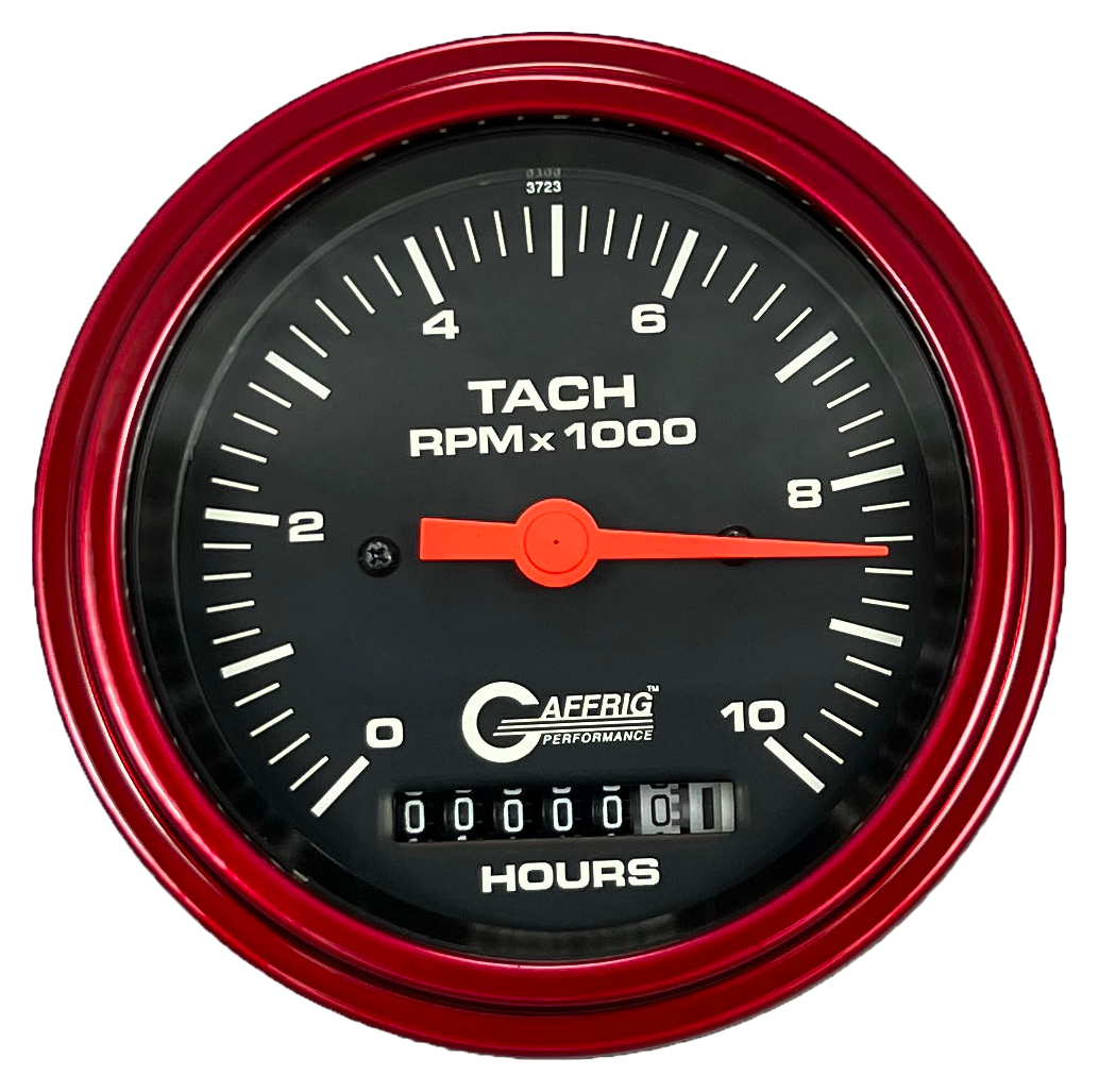 GAFFRIG 3 3/8 INCH ELECTRIC TACH/HOUR METER 0-10000 RPM GAUGE STEP RIM (008) / RED / BLACK