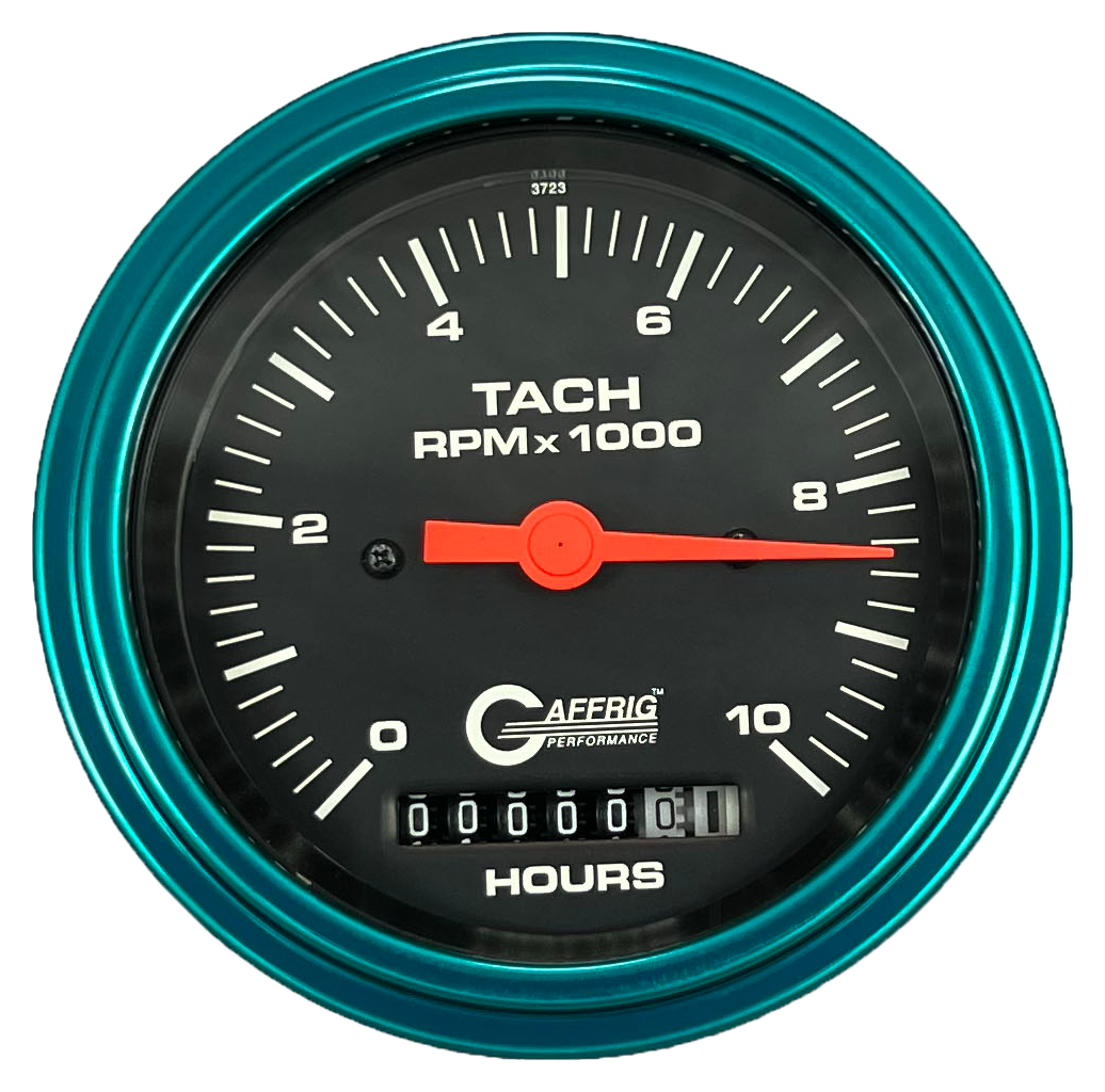 GAFFRIG 3 3/8 INCH ELECTRIC TACH/HOUR METER 0-10000 RPM GAUGE STEP RIM (008) / TEAL / BLACK