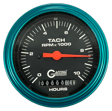 GAFFRIG 3 3/8 INCH ELECTRIC TACH/HOUR METER 0-10000 RPM GAUGE STEP RIM (008) / TEAL / BLACK