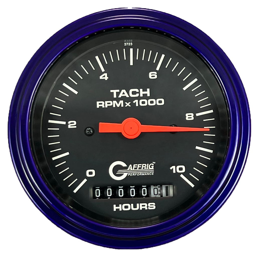 GAFFRIG 3 3/8 INCH ELECTRIC TACH/HOUR METER 0-10000 RPM GAUGE STEP RIM (008) / PURPLE / BLACK