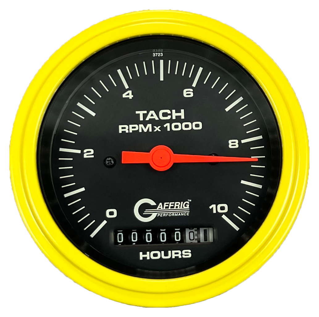 GAFFRIG 3 3/8 INCH ELECTRIC TACH/HOUR METER 0-10000 RPM GAUGE STEP RIM (008) / YELLOW / BLACK