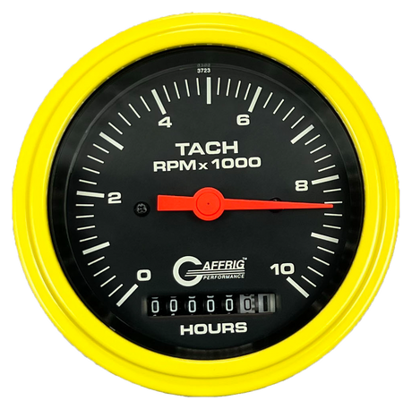 GAFFRIG 3 3/8 INCH ELECTRIC TACH/HOUR METER 0-10000 RPM GAUGE STEP RIM (008) / YELLOW / BLACK