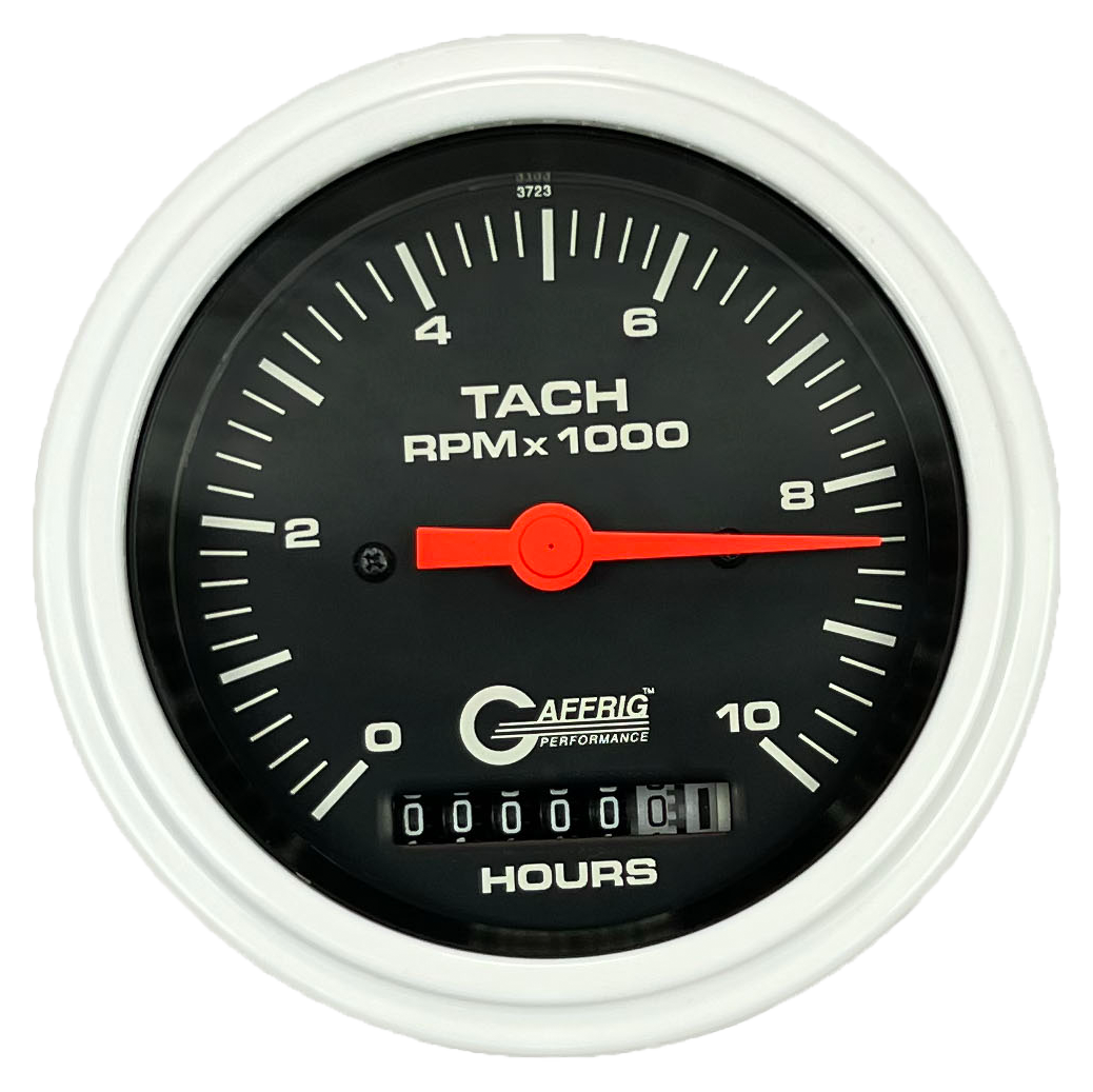 GAFFRIG 3 3/8 INCH ELECTRIC TACH/HOUR METER 0-10000 RPM GAUGE STEP RIM (008) / WHITE / BLACK