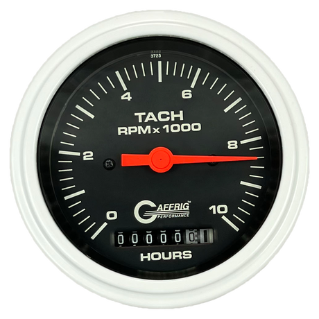 GAFFRIG 3 3/8 INCH ELECTRIC TACH/HOUR METER 0-10000 RPM GAUGE STEP RIM (008) / WHITE / BLACK