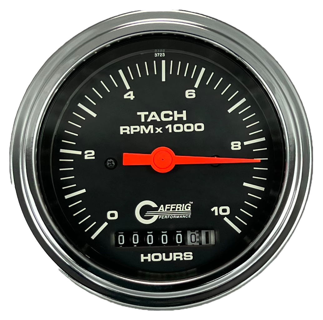 GAFFRIG 3 3/8 INCH ELECTRIC TACH/HOUR METER 0-10000 RPM GAUGE STEP RIM (008) / CHROME/POLISHED / BLACK