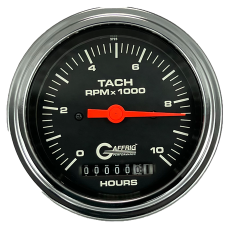 GAFFRIG 3 3/8 INCH ELECTRIC TACH/HOUR METER 0-10000 RPM GAUGE STEP RIM (008) / CHROME/POLISHED / BLACK