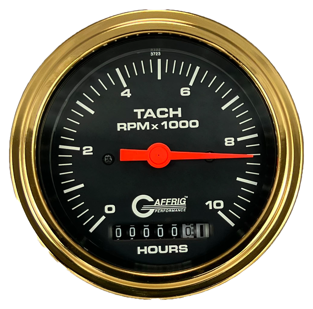 GAFFRIG 3 3/8 INCH ELECTRIC TACH/HOUR METER 0-10000 RPM GAUGE STEP RIM (008) / GOLD / BLACK