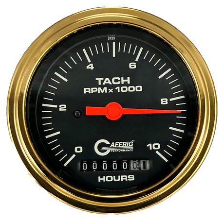 GAFFRIG 3 3/8 INCH ELECTRIC TACH/HOUR METER 0-10000 RPM GAUGE STEP RIM (008) / GOLD / BLACK