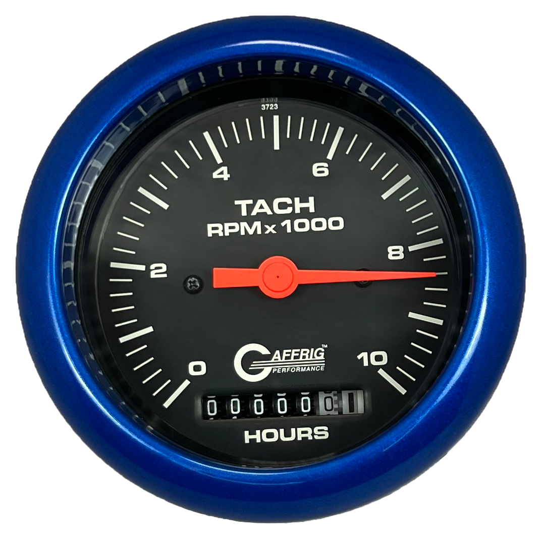 GAFFRIG 3 3/8 INCH ELECTRIC TACH/HOUR METER 0-10000 RPM GAUGE FAT RIM (338) / BLUE / BLACK