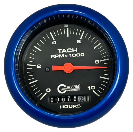 GAFFRIG 3 3/8 INCH ELECTRIC TACH/HOUR METER 0-10000 RPM GAUGE FAT RIM (338) / BLUE / BLACK