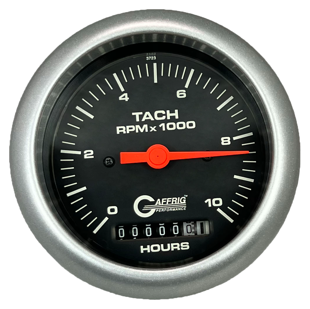 GAFFRIG 3 3/8 INCH ELECTRIC TACH/HOUR METER 0-10000 RPM GAUGE FAT RIM (338) / PLATINUM / BLACK