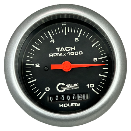 GAFFRIG 3 3/8 INCH ELECTRIC TACH/HOUR METER 0-10000 RPM GAUGE FAT RIM (338) / PLATINUM / BLACK