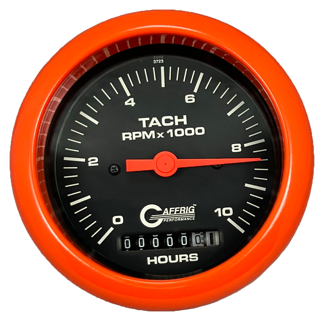 GAFFRIG 3 3/8 INCH ELECTRIC TACH/HOUR METER 0-10000 RPM GAUGE FAT RIM (338) / ORANGE / BLACK