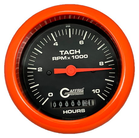 GAFFRIG 3 3/8 INCH ELECTRIC TACH/HOUR METER 0-10000 RPM GAUGE FAT RIM (338) / ORANGE / BLACK