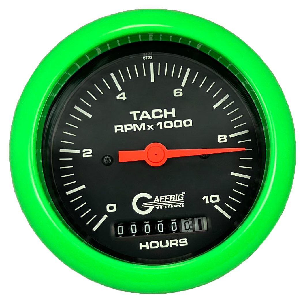 GAFFRIG 3 3/8 INCH ELECTRIC TACH/HOUR METER 0-10000 RPM GAUGE FAT RIM (338) / LIME GREEN / BLACK