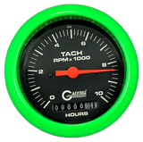 GAFFRIG 3 3/8 INCH ELECTRIC TACH/HOUR METER 0-10000 RPM GAUGE FAT RIM (338) / LIME GREEN / BLACK