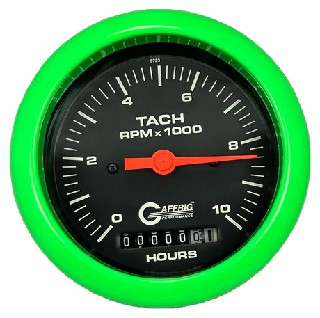 GAFFRIG 3 3/8 INCH ELECTRIC TACH/HOUR METER 0-10000 RPM GAUGE FAT RIM (338) / LIME GREEN / BLACK