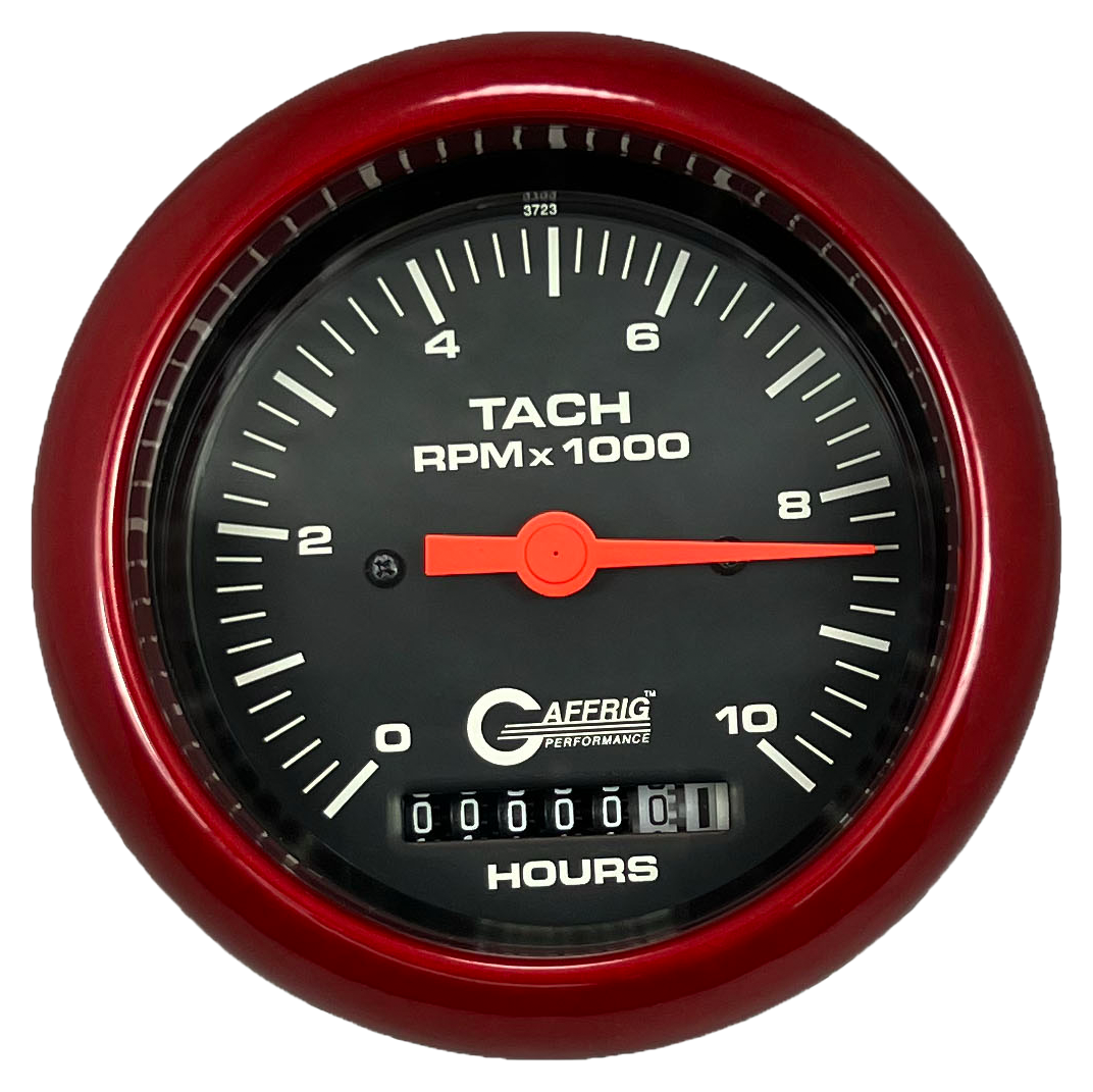 GAFFRIG 3 3/8 INCH ELECTRIC TACH/HOUR METER 0-10000 RPM GAUGE FAT RIM (338) / RED / BLACK