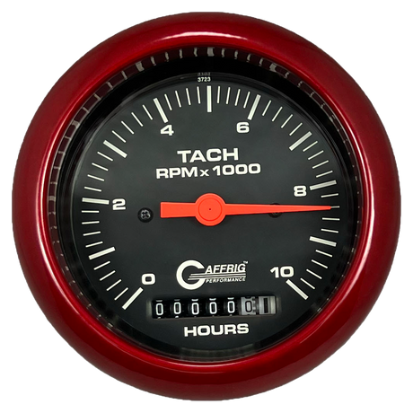 GAFFRIG 3 3/8 INCH ELECTRIC TACH/HOUR METER 0-10000 RPM GAUGE FAT RIM (338) / RED / BLACK