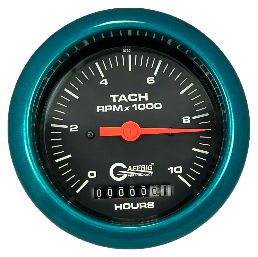 GAFFRIG 3 3/8 INCH ELECTRIC TACH/HOUR METER 0-10000 RPM GAUGE FAT RIM (338) / TEAL / BLACK