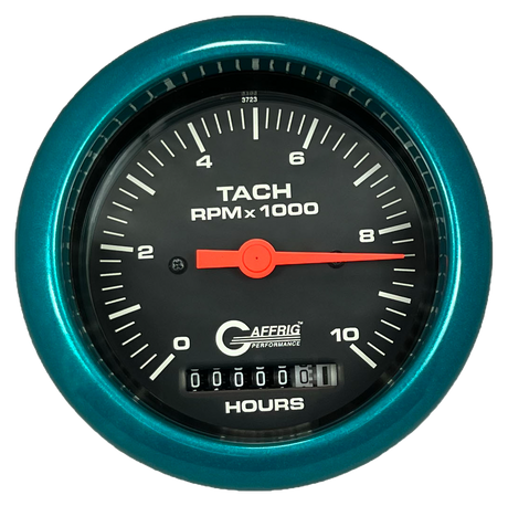 GAFFRIG 3 3/8 INCH ELECTRIC TACH/HOUR METER 0-10000 RPM GAUGE FAT RIM (338) / TEAL / BLACK