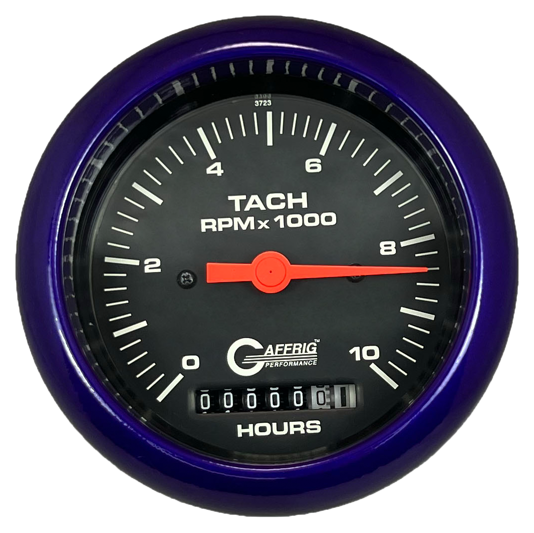 GAFFRIG 3 3/8 INCH ELECTRIC TACH/HOUR METER 0-10000 RPM GAUGE FAT RIM (338) / PURPLE / BLACK