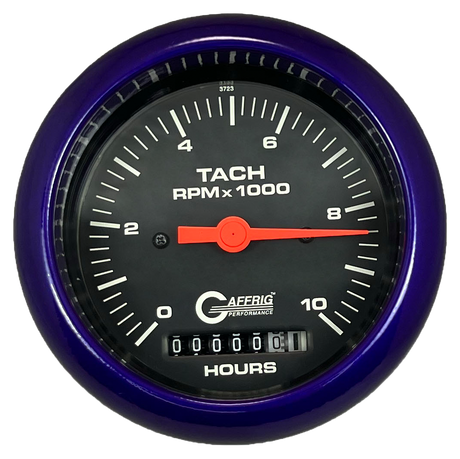 GAFFRIG 3 3/8 INCH ELECTRIC TACH/HOUR METER 0-10000 RPM GAUGE FAT RIM (338) / PURPLE / BLACK