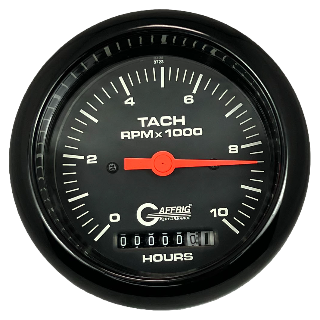 GAFFRIG 3 3/8 INCH ELECTRIC TACH/HOUR METER 0-10000 RPM GAUGE FAT RIM (338) / BLACK / BLACK