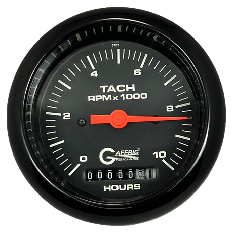 GAFFRIG 3 3/8 INCH ELECTRIC TACH/HOUR METER 0-10000 RPM GAUGE FAT RIM (338) / BLACK / BLACK