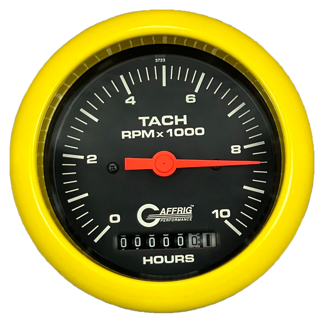 GAFFRIG 3 3/8 INCH ELECTRIC TACH/HOUR METER 0-10000 RPM GAUGE FAT RIM (338) / YELLOW / BLACK