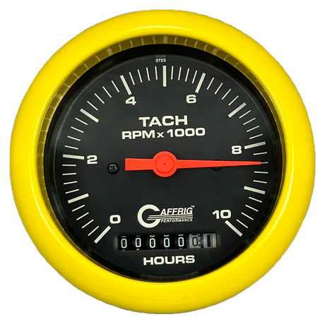 GAFFRIG 3 3/8 INCH ELECTRIC TACH/HOUR METER 0-10000 RPM GAUGE FAT RIM (338) / YELLOW / BLACK