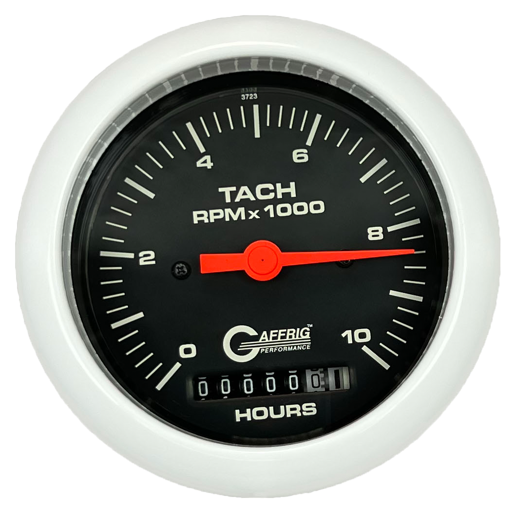 GAFFRIG 3 3/8 INCH ELECTRIC TACH/HOUR METER 0-10000 RPM GAUGE FAT RIM (338) / WHITE / BLACK