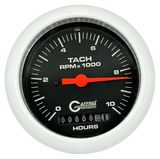 GAFFRIG 3 3/8 INCH ELECTRIC TACH/HOUR METER 0-10000 RPM GAUGE FAT RIM (338) / WHITE / BLACK