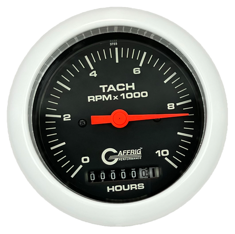 GAFFRIG 3 3/8 INCH ELECTRIC TACH/HOUR METER 0-10000 RPM GAUGE FAT RIM (338) / WHITE / BLACK