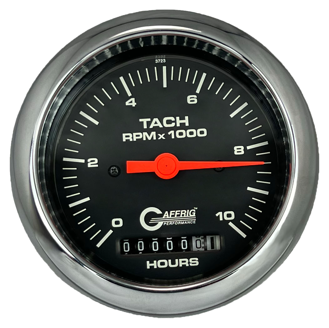 GAFFRIG 3 3/8 INCH ELECTRIC TACH/HOUR METER 0-10000 RPM GAUGE FAT RIM (338) / CHROME/POLISHED / BLACK