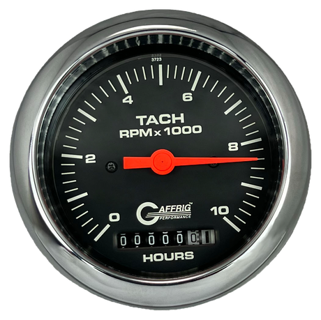 GAFFRIG 3 3/8 INCH ELECTRIC TACH/HOUR METER 0-10000 RPM GAUGE FAT RIM (338) / CHROME/POLISHED / BLACK