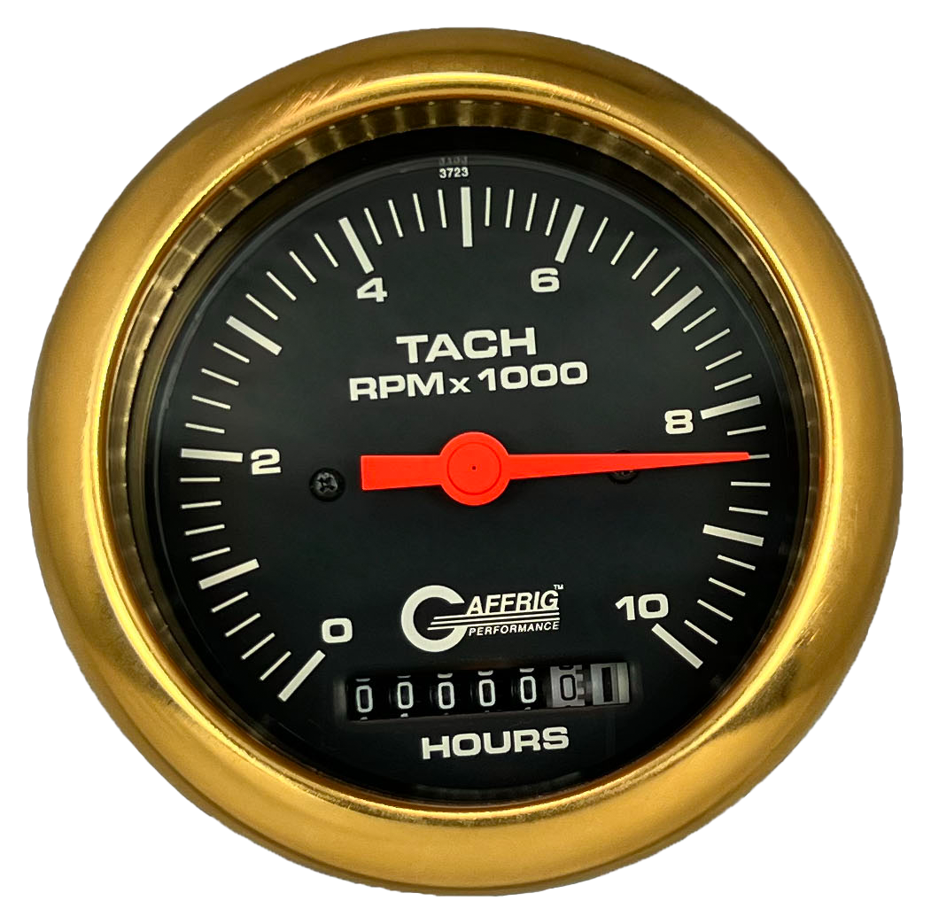 GAFFRIG 3 3/8 INCH ELECTRIC TACH/HOUR METER 0-10000 RPM GAUGE FAT RIM (338) / GOLD / BLACK