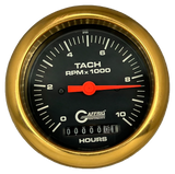 GAFFRIG 3 3/8 INCH ELECTRIC TACH/HOUR METER 0-10000 RPM GAUGE FAT RIM (338) / GOLD / BLACK