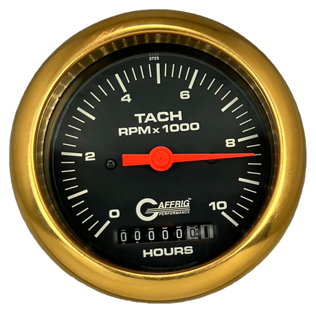 GAFFRIG 3 3/8 INCH ELECTRIC TACH/HOUR METER 0-10000 RPM GAUGE FAT RIM (338) / GOLD / BLACK