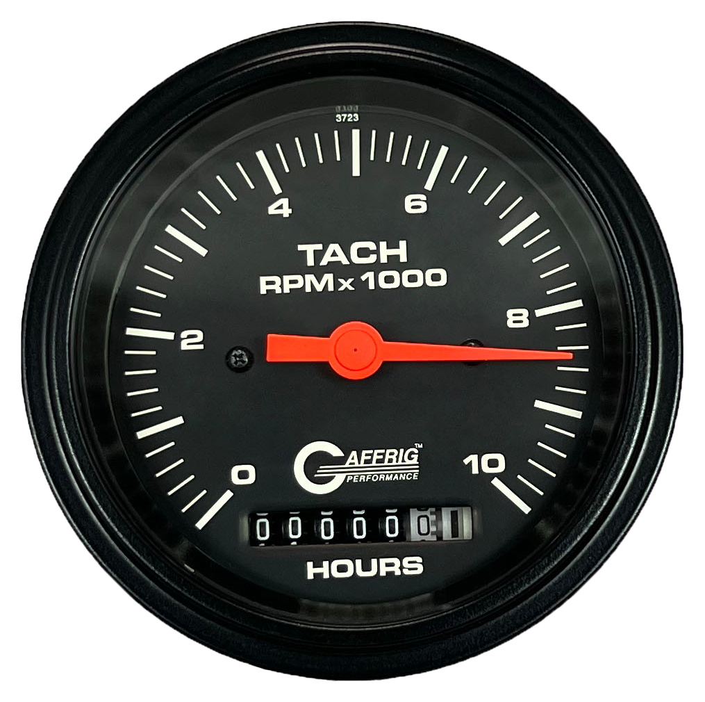 GAFFRIG 3 3/8 INCH ELECTRIC TACH/HOUR METER 0-10000 RPM GAUGE STEP RIM (008) / BLACK / BLACK