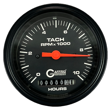 GAFFRIG 3 3/8 INCH ELECTRIC TACH/HOUR METER 0-10000 RPM GAUGE STEP RIM (008) / BLACK / BLACK