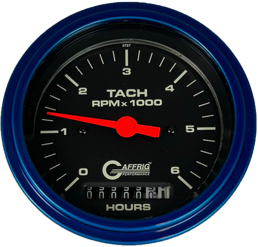 GAFFRIG 3 3/8 INCH ELECTRIC TACH/HOUR METER 0-6000, 8000, & 10000 RPM GAUGE BLACK STEP RIM (008) / BLUE / 6000 RPM