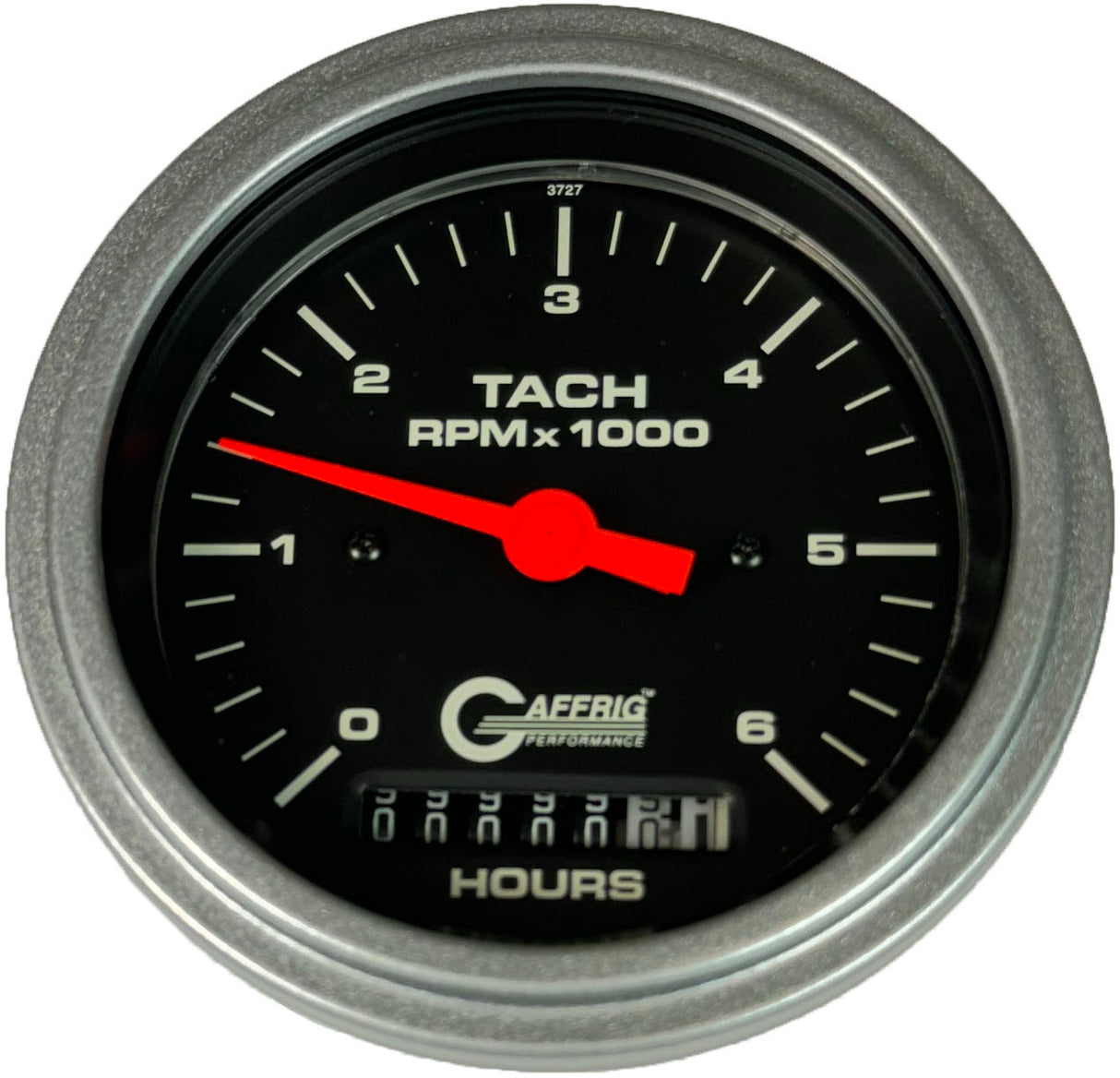 GAFFRIG 3 3/8 INCH ELECTRIC TACH/HOUR METER 0-6000, 8000, & 10000 RPM GAUGE BLACK STEP RIM (008) / PLATINUM / 6000 RPM