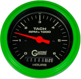 GAFFRIG 3 3/8 INCH ELECTRIC TACH/HOUR METER 0-6000, 8000, & 10000 RPM GAUGE BLACK STEP RIM (008) / LIME GREEN / 6000 RPM