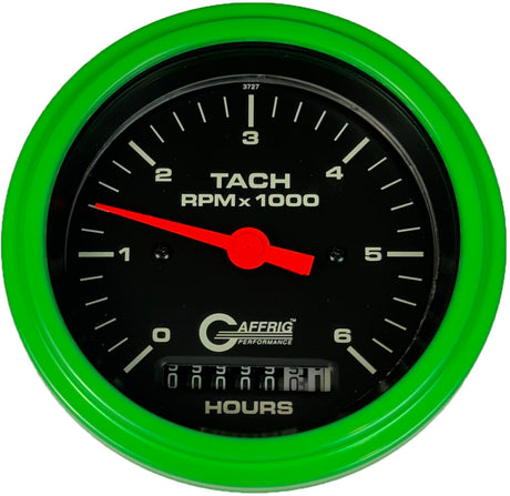 GAFFRIG 3 3/8 INCH ELECTRIC TACH/HOUR METER 0-6000, 8000, & 10000 RPM GAUGE BLACK STEP RIM (008) / LIME GREEN / 6000 RPM